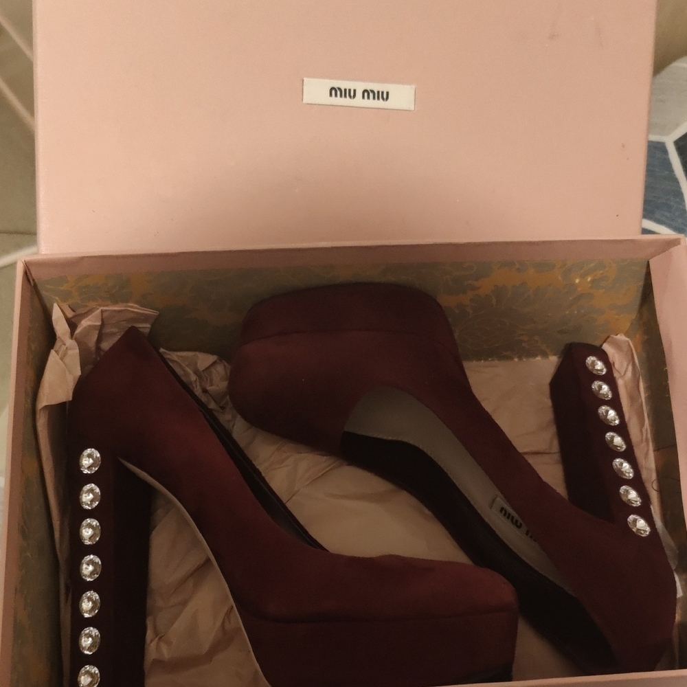 Miu Miu Deep Red Heels with Crystal Accents size 37